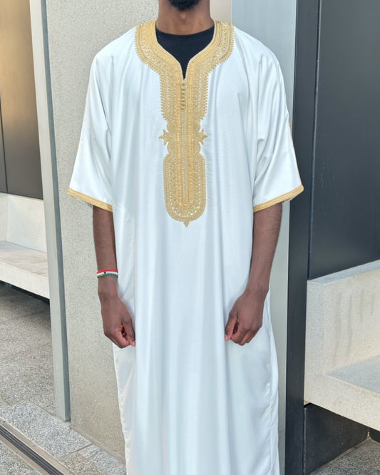 White & Gold Premium Moroccan Thobe (Gandoura)