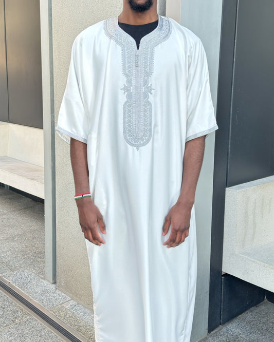 White & Silver Premium Moroccan Thobe (Gandoura)